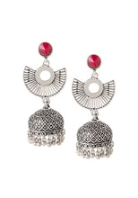 Indya  Silver Oxidised Red Stone Jhumka Earrings Silver Oxidised Red Stone Jhumka Earrings