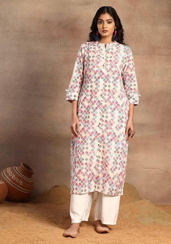 Indya Off White Geometric Print Straight Kurta Large Size (Only Kurta)