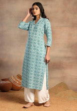 Indya Turquoise Blue Abstract Print Cotton Kurta Large Size (Only Kurta)