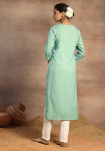 Indya Sage Green Embroidered Neck Rayon A-Line Kurta (Only Kurta)