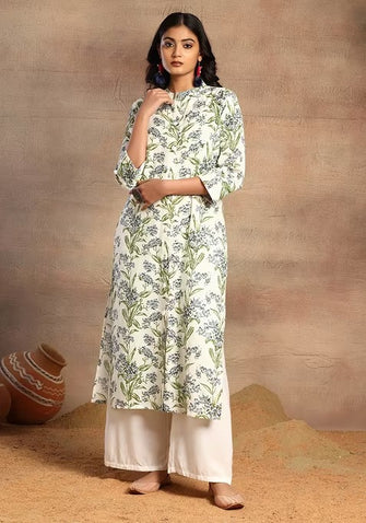 Indya Ivory Floral Print Mandarin Collar Straight Kurta Medium Size (Only Kurta) (Copy)