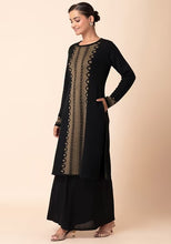 Indya Black And Beige Geometric Panel Woollen Kurta Large Size 