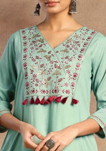 Indya Sage Green Embroidered Neck Rayon A-Line Kurta (Only Kurta)