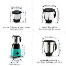 Glen Mixer Grinder 500W with 3 Stainless Steel Liquidiser, Grinder and Chutney Jars - Black & Green