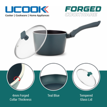UCOOK FORGED NS SAUCEPAN+GLASS LID IC-TEAL BLUE SOFT TOUCH HANDLES - 160mm/1.75 Litre Stir Fry Pan 24 cm diameter with Lid 1.75 L capacity (Aluminium, Non-stick, Induction Bottom)