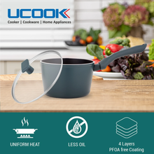 UCOOK FORGED NS SAUCEPAN+GLASS LID IC-TEAL BLUE SOFT TOUCH HANDLES - 160mm/1.75 Litre Stir Fry Pan 24 cm diameter with Lid 1.75 L capacity (Aluminium, Non-stick, Induction Bottom)