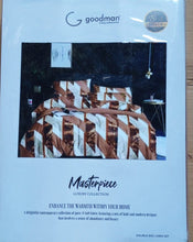 Goodman ceiling fan packaging with brand logo and product image on a cardboard surface