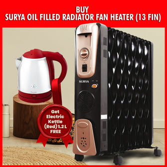 BUY SURYA OIL FILLED RADIATOR FAN HEATER (13 FIN) AND GET Preethi Armour Electric Kettle (red) 1500-Watt (Size 1.2) FREE