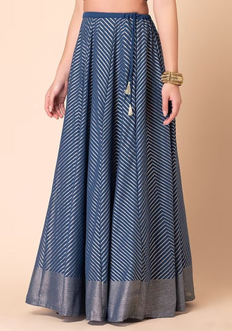 Indya Blue Foil Print Kalidar Lehenga Skirt XL Size (Skirt Only)