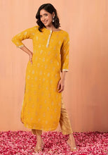 Indya Mustard Yellow Mughal Foil Print Straight Kurta (Small) Only Kurta