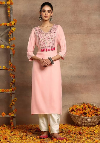 Indya Blush Pink Embroidered Neck Rayon A-Line Kurta XL Size (Only Kurta )