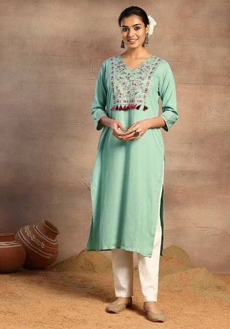 Indya Sage Green Embroidered Neck Rayon A-Line Kurta (Only Kurta)