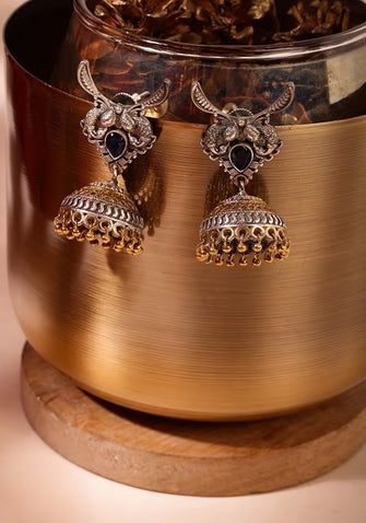 Indya Silver Oxidised Tribal Jhumka Earrings