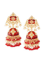 Indya Gold Finish Kundan And Red Stone Floral Jhumka Earrings