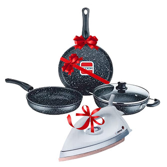 BUY Ucook COOKWARE- UCOOK ROCK SERIES NS SET 3+1PCS(DEEP KADHAI+FRYPAN+TAVA+1GLASS LID) AND DRY IRON JUNTO 1000 WATT