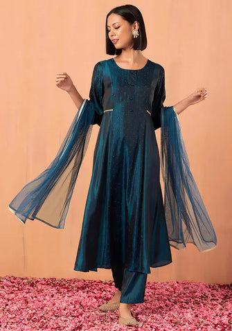 Indya Teal Blue Solid Mesh Dupatta