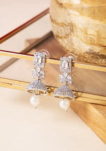 Indya Silver Finish Zirconia Baguette Pearl Drop Jhumki Earrings