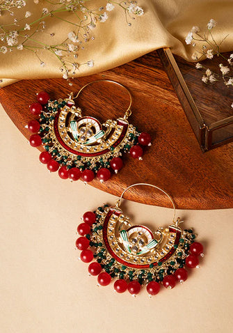 Indya Gold Finish Kundan Green And Red Bead Chandbali Earrings