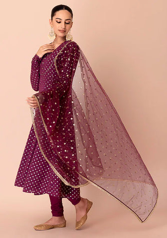 Indya Maroon Sequin Mesh Dupatta