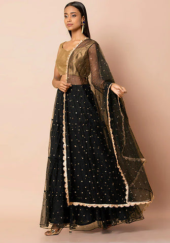 Indya Black Embroidered Sequin Net Dupatta