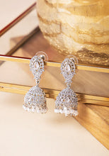 Indya Silver Finish Zirconia And White Bead Jhumki Earrings