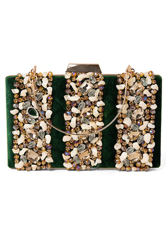 Indya Dark Green Stone Embellished Clutch