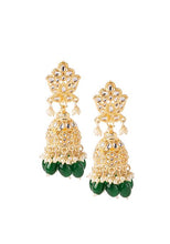 Indya Gold Finish Kundan And Green Bead Jhumka Earrings