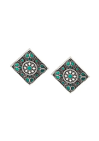 Indya Silver Oxidised Green Stone Square Stud Earrings