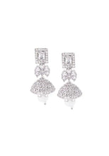 Indya Silver Finish Zirconia Baguette Pearl Drop Jhumki Earrings