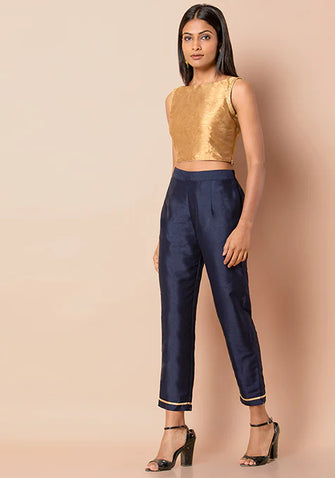 Indya Navy Gota Insert Fitted Pants Extra Small