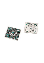 Indya Silver Oxidised Green Stone Square Stud Earrings