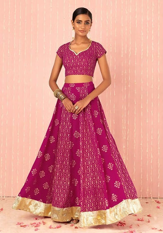 Indya Pink Foil Print Sweetheart Neck Blouse with Floral Foil Print Lehenga Skirt Large Size