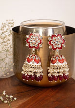 Indya Gold Finish Meenakari And Red Bead Floral Jhumka Earrings