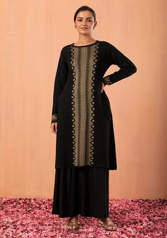 Indya Black And Beige Geometric Panel Woollen Kurta Large Size 