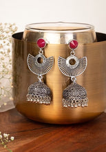 Indya  Silver Oxidised Red Stone Jhumka Earrings Silver Oxidised Red Stone Jhumka Earrings