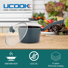 UCOOK FORGED NS SAUCEPAN+GLASS LID IC-TEAL BLUE SOFT TOUCH HANDLES - 160mm/1.75 Litre Stir Fry Pan 24 cm diameter with Lid 1.75 L capacity (Aluminium, Non-stick, Induction Bottom)