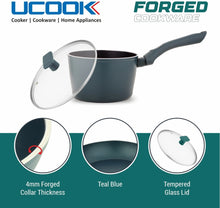 UCOOK FORGED NS SAUCEPAN+GLASS LID IC-TEAL BLUE SOFT TOUCH HANDLES - 160mm/1.75 Litre Stir Fry Pan 24 cm diameter with Lid 1.75 L capacity (Aluminium, Non-stick, Induction Bottom)